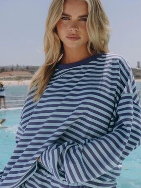 Brand New With Tags! Daily Drills Striped Cotton Long Sleeve- Malibu+Navy Stripe
